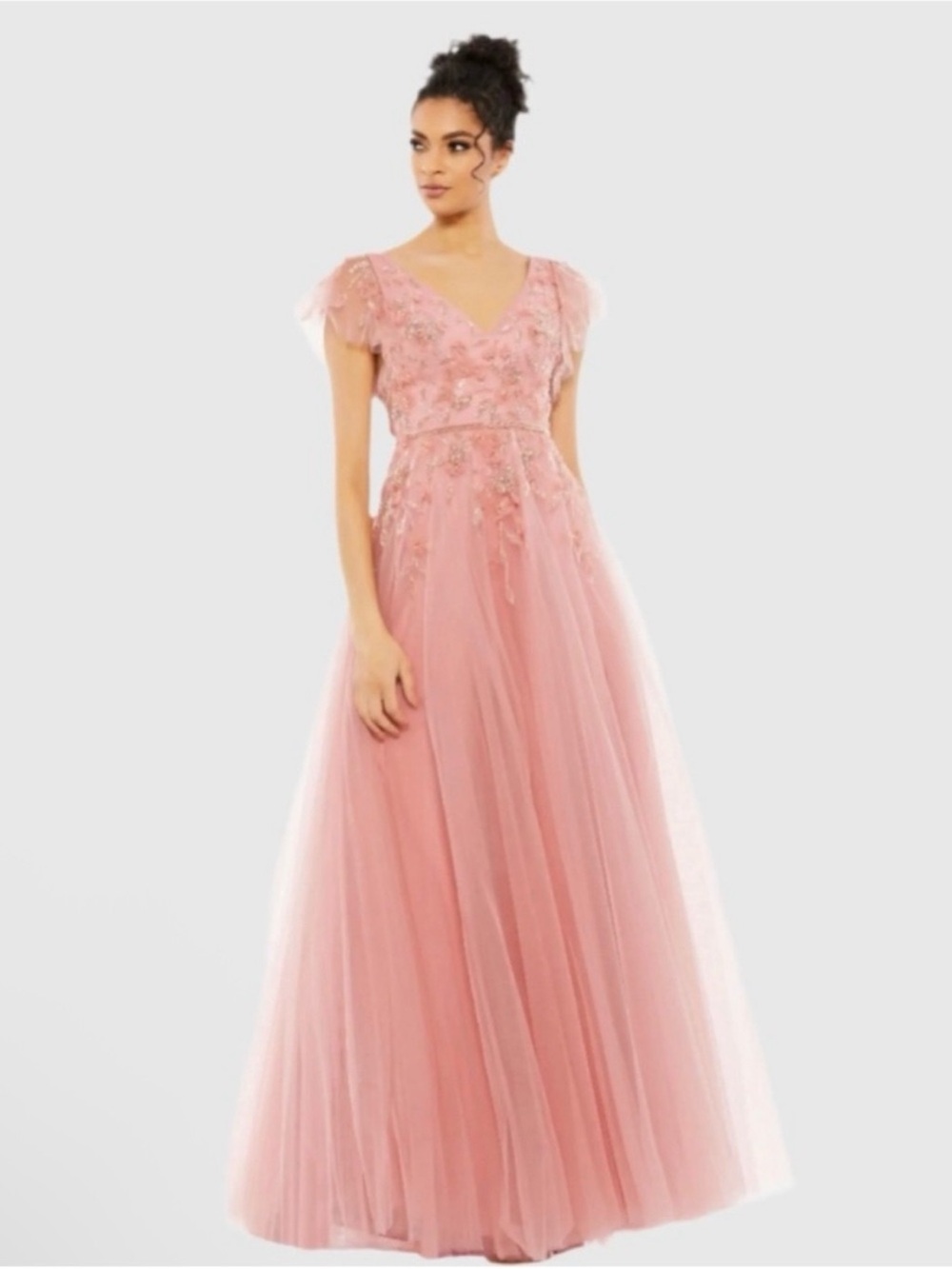 Mac Duggal 11224 Embellished Tulle Salmon Cap Sleeve Gown Size 6
